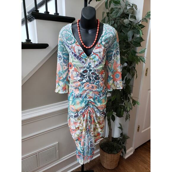 City Chic Dress Women Size 20 Multicolor Floral Ruched V Neck Midi Sheath - Picture 4 of 16